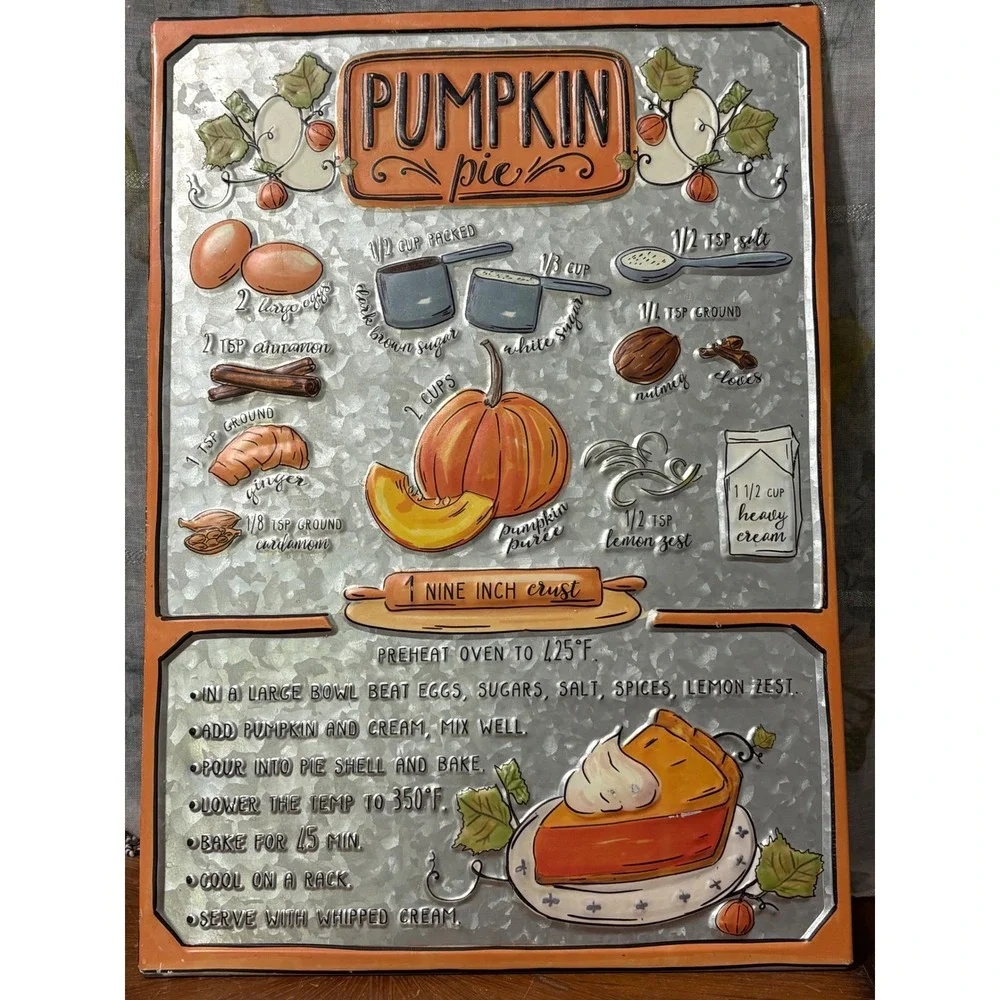 Pumpkin Pie Recipe Embossed Metal Wall Sign Rustic Farmhouse Kitchen Fall Decor